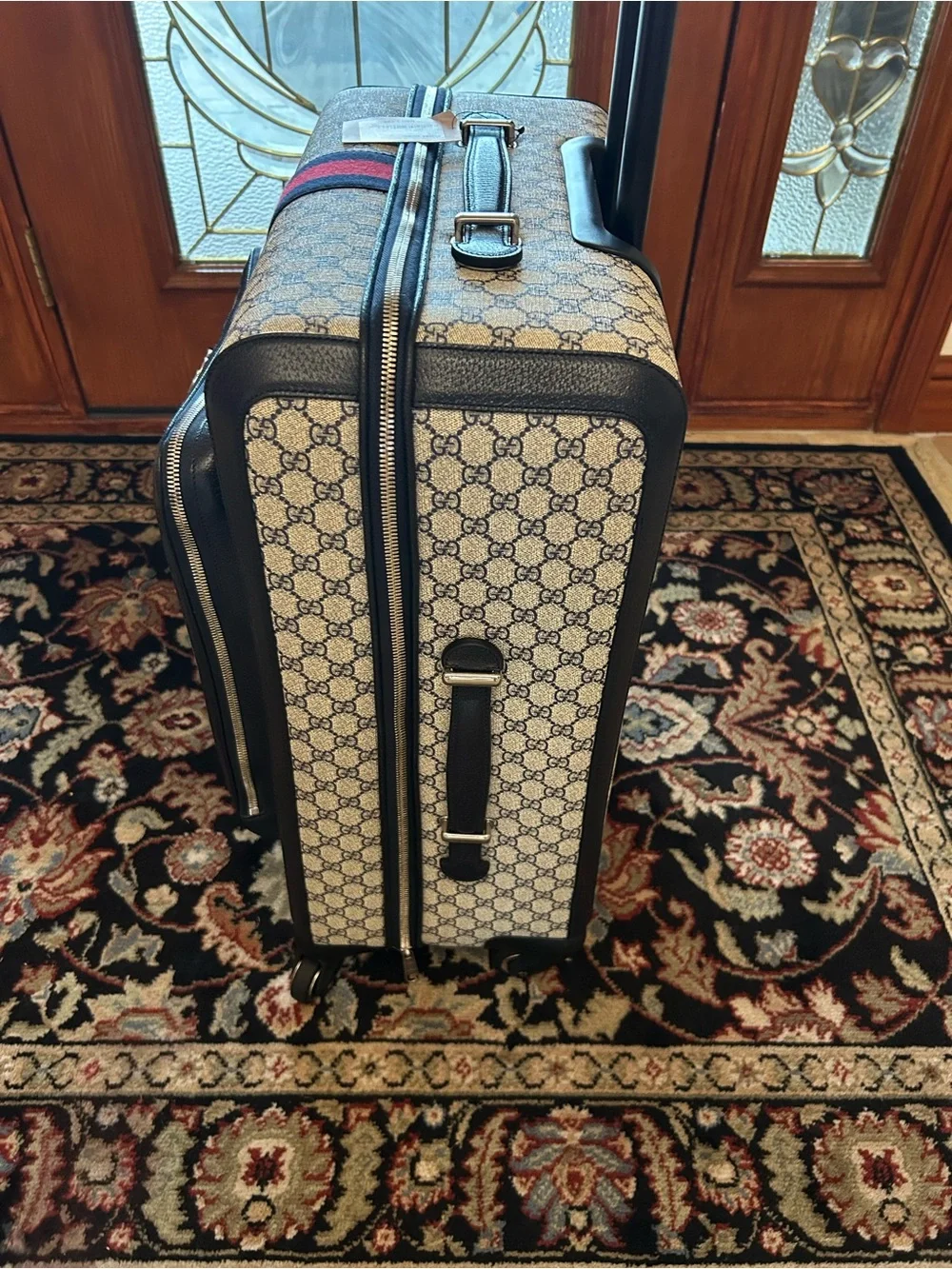 Gucci Savoy, GG Supreme suitcase, iconic blue/red web stripe made in Italy
